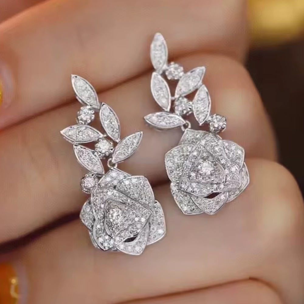 Rose Silver Crystal Diamond Earrings – Floral Statement Jewelry - Picture 3 of 9